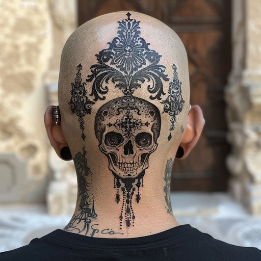 Head tattoos with gothic elements, in the style of Gerald Brom