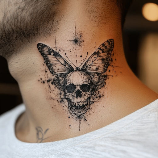 Skull butterfly tattoo on neck with celestial theme