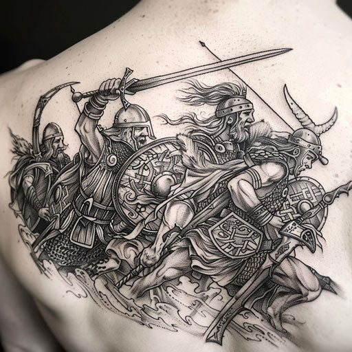 Norse battle scene with warriors in fierce combat