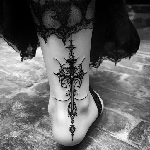 Ankle tattoos for women with gothic cross and filigree