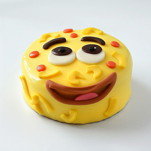 Yellow cake with smiling emoji on white background