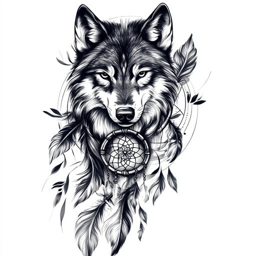 Wolf hand tattoo with dreamcatcher and feathers - sketch