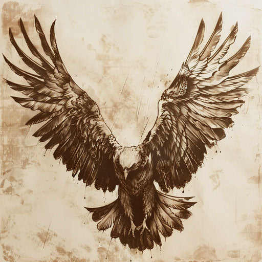 Vintage style, detailed eagle wings tattoo sketch in sepia tones