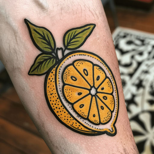 Bold tattoo sketch of lemon with thick black outlines