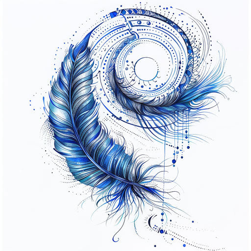 Blue Throat Chakra tattoo design, ethereal feather and sound wave patterns on white background