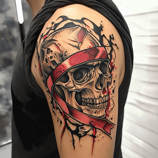 Cancer tattoo with skull and ribbon on arm in Ed Hardy style