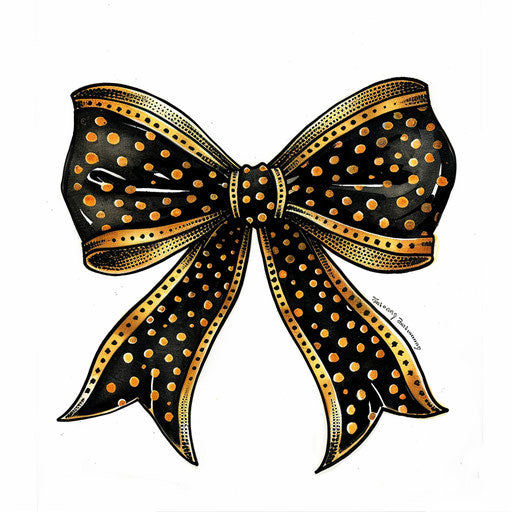 Stylish tattoo sketch of bow with polka dot pattern in black and gold