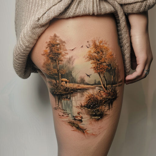 Realistic serene landscape tattoo on thigh