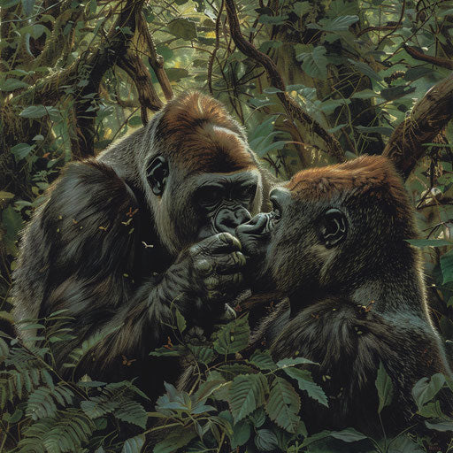 Western lowland gorilla tenderly grooming partner in quiet forest