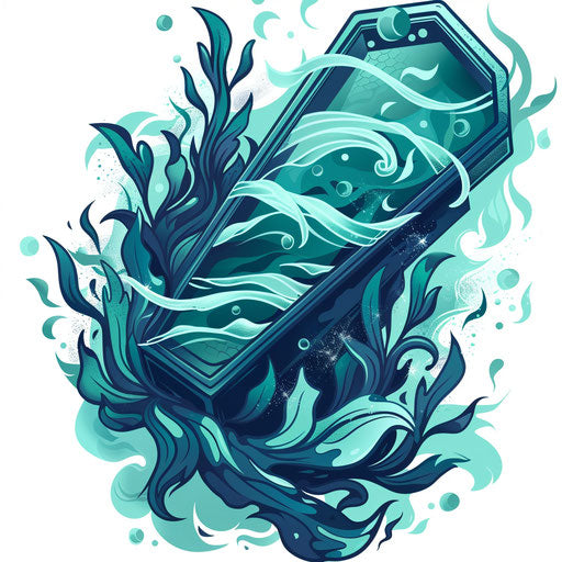 Underwater coffin with seaweed and calm blue tones