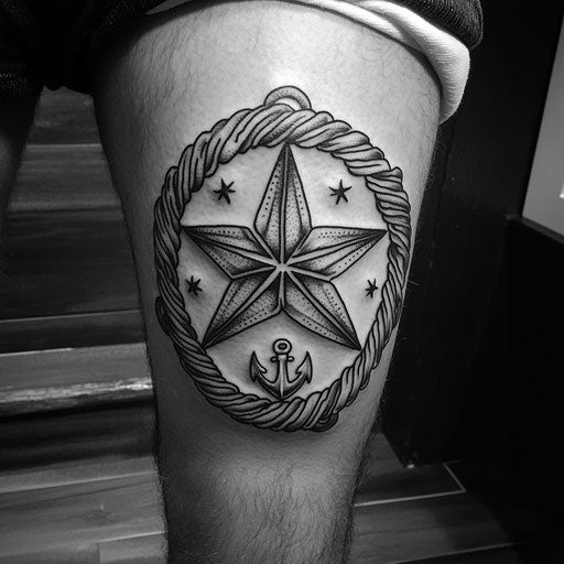 Men's knee tattoos depicting a nautical star surrounded by ropes and anchors, in the style of Sailor Jerry