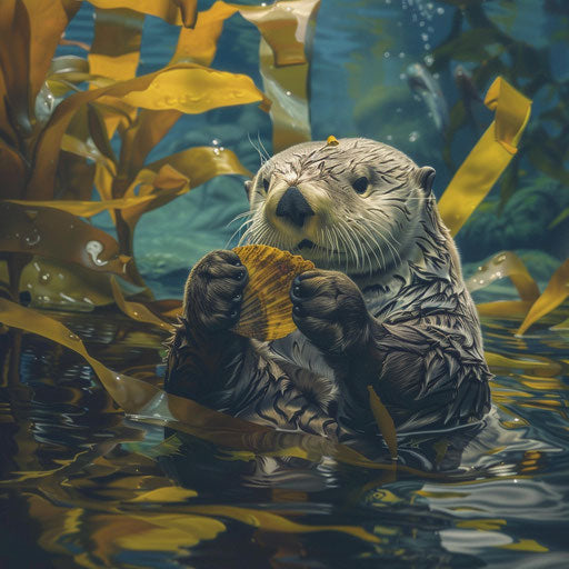 Solitary sea otter cracking open a shellfish on its chest, in a lush underwater kelp forest.