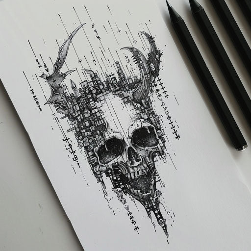 Futuristic flat tattoo sketch of digital hell with binary codes