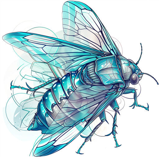 Oceanic tattoo sketch of a cicada with cool blues and aqua tones