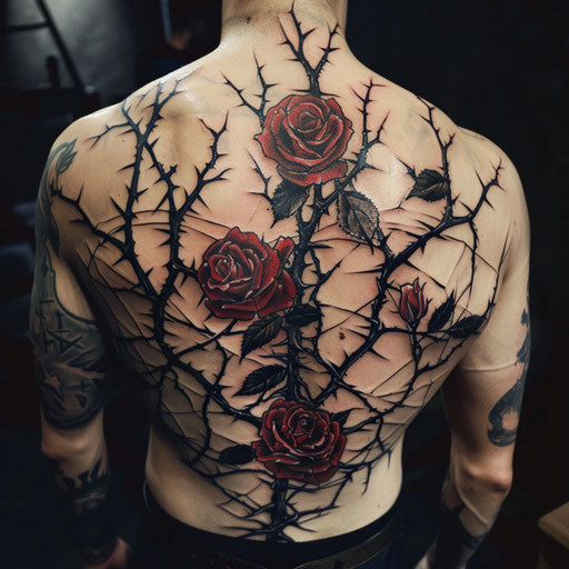 Rose tattoos for men in the style of Gerald Brom with gothic roses and thorns
