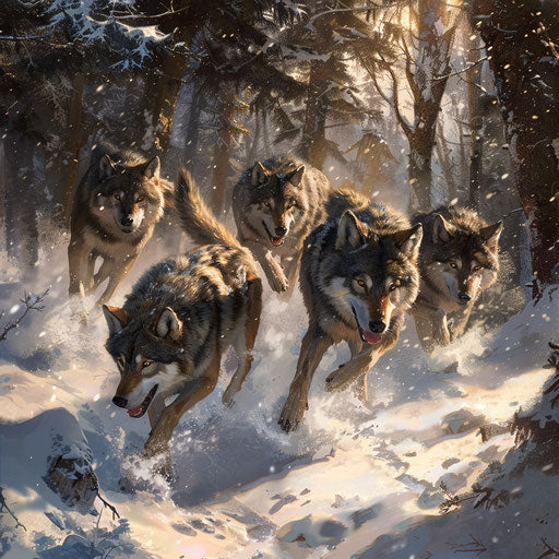 Pack of wolves hunting together in a snow-covered forest, showing their teamwork