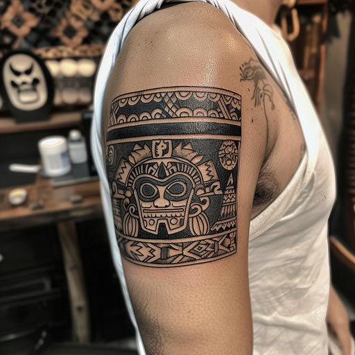 Armband tattoo of Aztec symbols and patterns, Ramos style