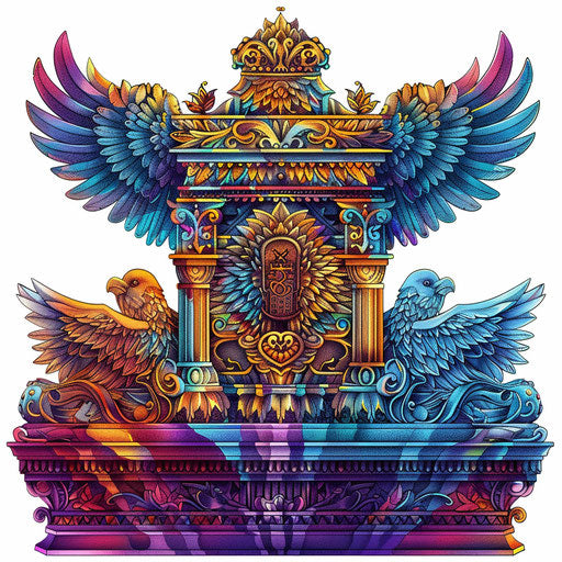 Colorful tattoo design of the Ark of the Covenant with cherubim and detailed ornaments