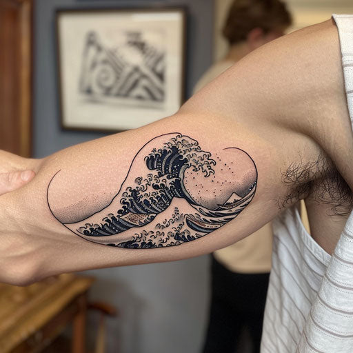Minimalist wave tattoo on the bicep