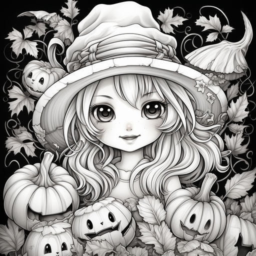 A black and white coloring book with a cute girl in her hat with pumpkins