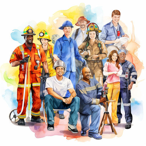 Community helpers illustrations in the style of Impressionistic Art, on white background