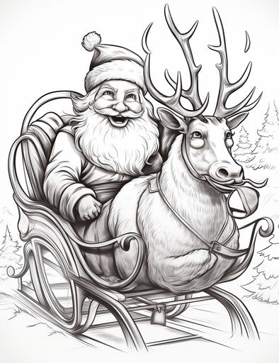Christmas coloring page Rudolph sleigh and reindeer, comic art