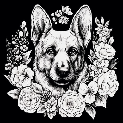 Black and white portrait of a German shepherd with flower