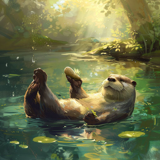 Otter floating lazily in a sunlit river