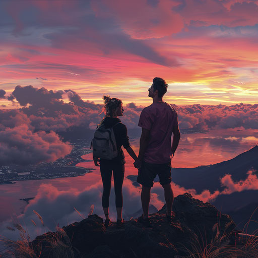 Mount Batur in Bali, man and woman at sunrise