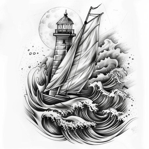 Tattoo sketch of a sailboat on waves, with a lighthouse in the background, clipart style, flat black ink