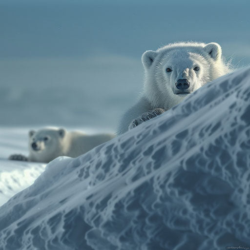 Curious polar bear cub behind a snowy hill