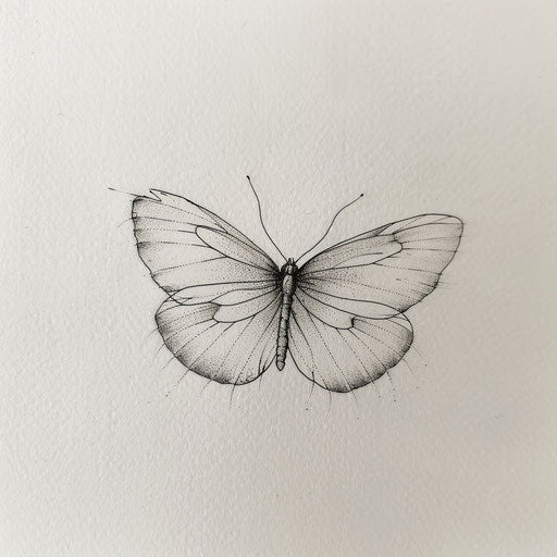 Delicate butterfly in black line art on white canvas