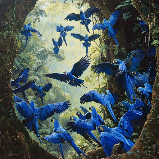 An Spix's macaw leading its flock through a gap in the forest canopy
