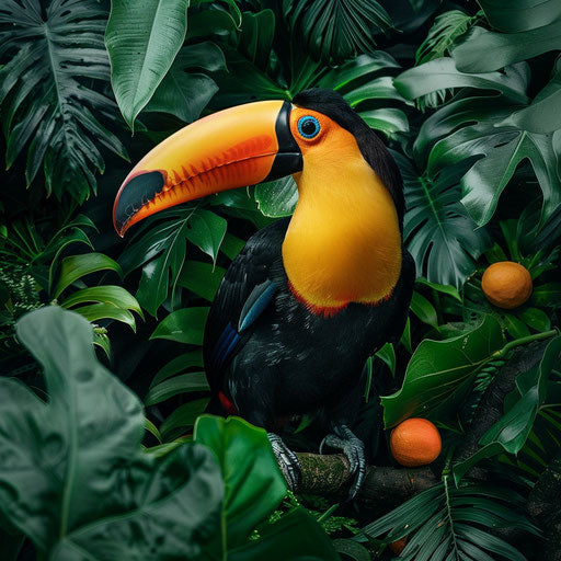Toucan displaying feathers in lush setting