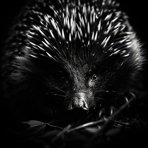 Echidna in black and white, intense and dramatic, in the style of Laurent Baheux