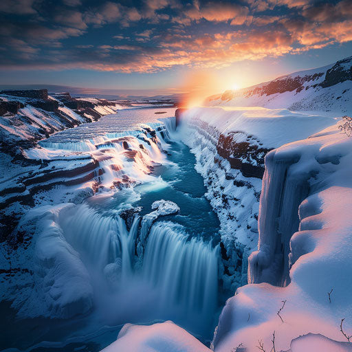Gullfoss Falls in winter with icy surroundings
