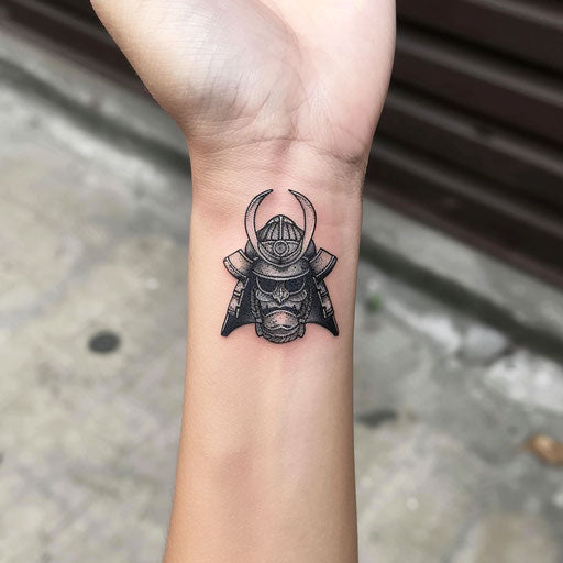 Mini samurai helmet tattoos, Ami James style