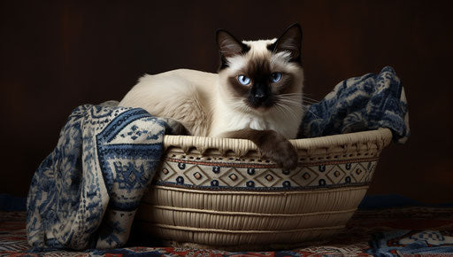 Siamese cat in a basket, soft focal points style