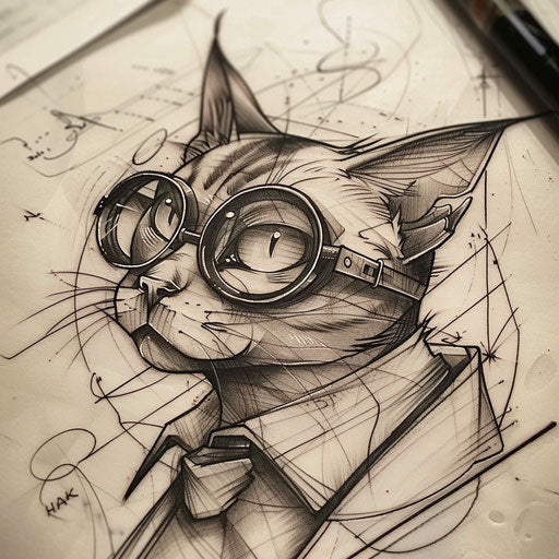 Sophisticated tattoo sketch of a cat with a monocle