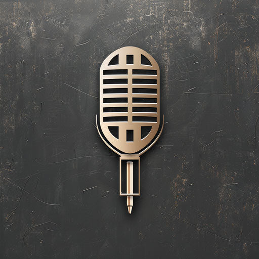 Modern podcast logo with sleek lines and a metallic background
