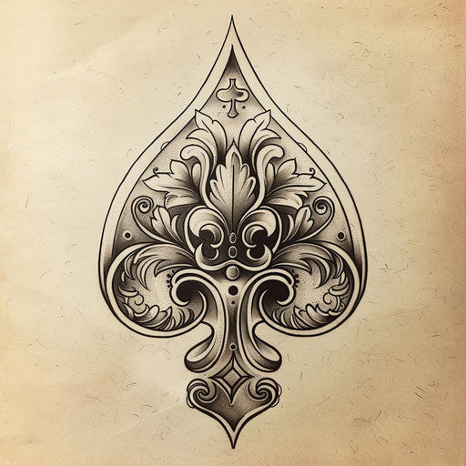 Sketch a vintage-inspired spade tattoo with retro clipart motifs