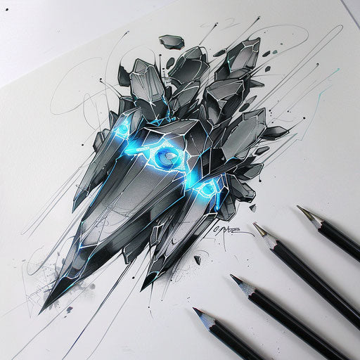 Futuristic flat tattoo sketch with glowing obsidian shards