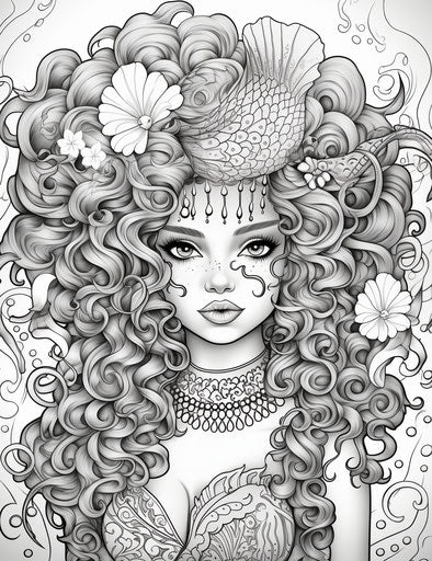 Adult mermaid coloring card, pop colorism style, detailed costumes, multicultural, commission for, captivating, plush doll art