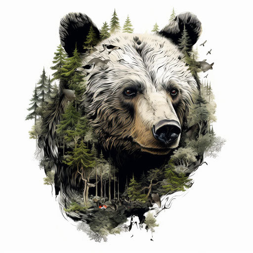 The forest-bearing bear in tattoo style, black and white
