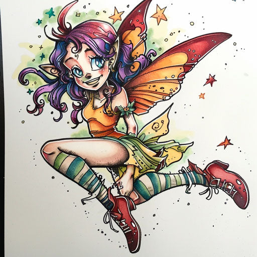 Whimsical fairy tattoo design, bright colors on white canvas