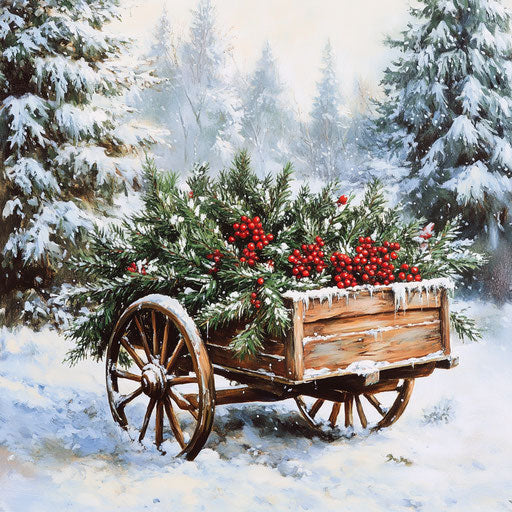 Wooden wagon with evergreen branches and red berries in snow