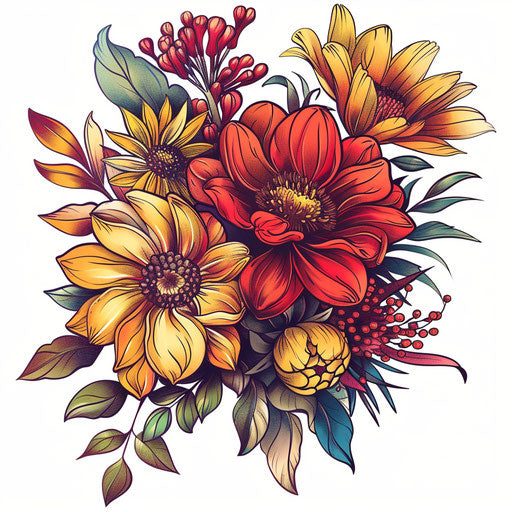Vibrant flower bouquet in flat tattoo style
