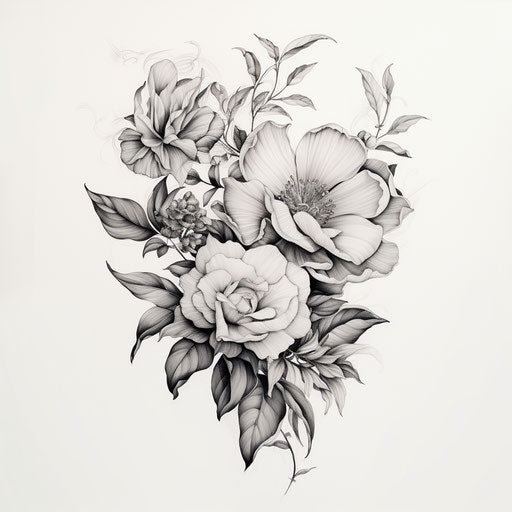 Black and white drawing of flower with lots of leaves