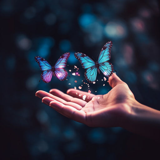 Butterfly and hand in shimmering light, dreamy and cute