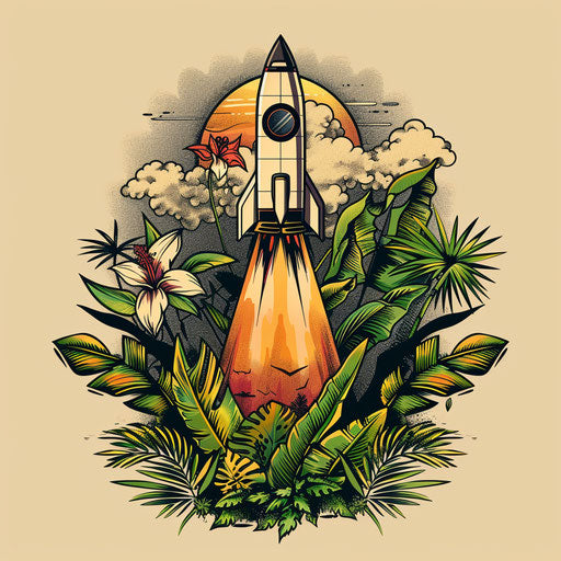 Exotic flat tattoo sketch of a rocket launching from a jungle